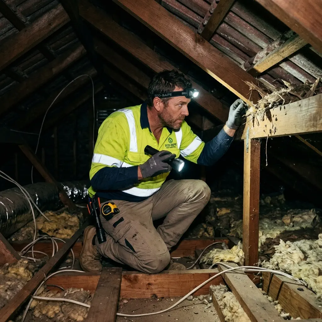 Technician inspecting a roof cavity for a dead animal in Sunday Creek