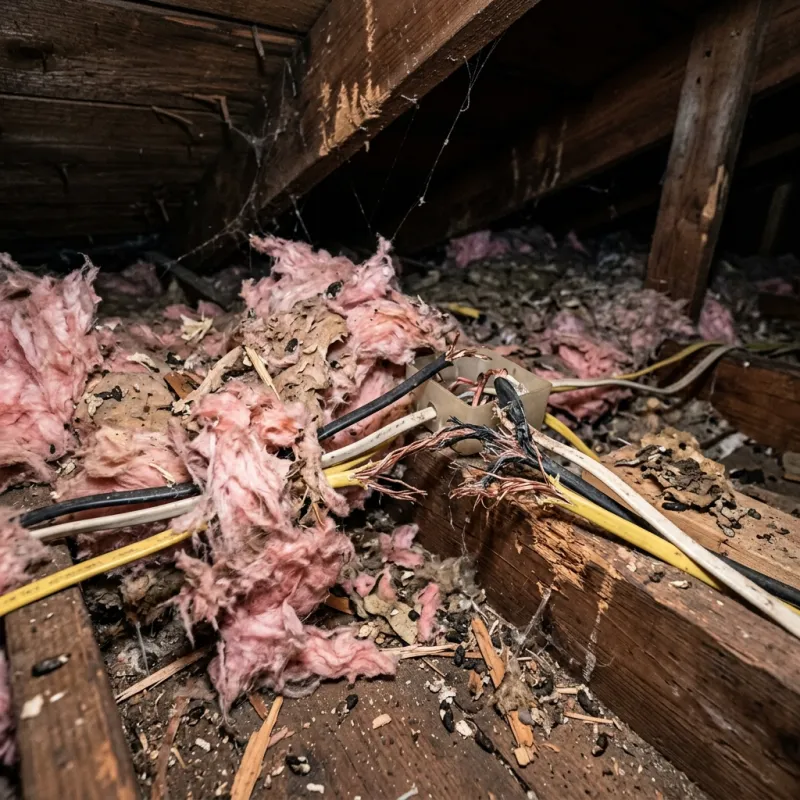 Contaminated ceiling insulation being assessed in a Sunday Creek roof space