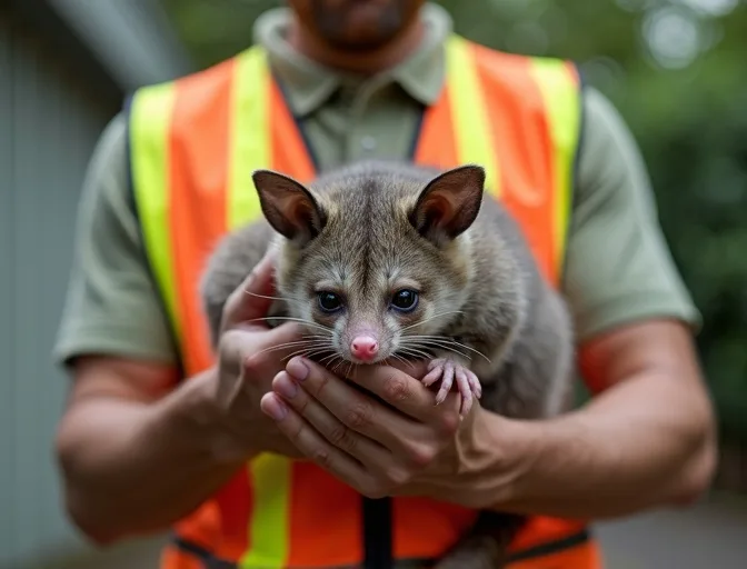 Animal handler safely recovering a deceased possum in Sunday Creek