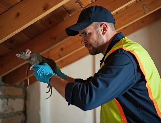 Technician inspecting a roof cavity for a dead rat in Sunday Creek
